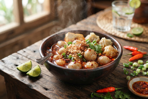 Mangkuk baso aci Garut dengan kuah merah pedas dan taburan bawang goreng