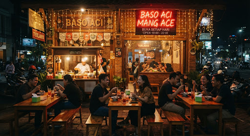 Suasana kedai pusat Baso Aci Mang Ace di malam hari dengan lampu gantung hangat