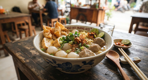 Baso Aci Original dengan kuah kaldu sapi bening dan berbagai toping