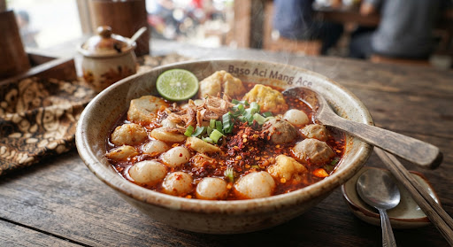 Baso Aci Spesial Pedas dengan kuah mercon merah dan taburan cabai
