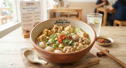 Baso Aci Tulang Rangu dengan kuah rempah dan taburan daun bawang